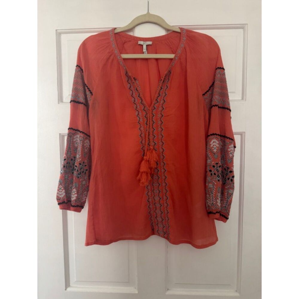 Joie Nelida Tassel Ties Bohemian Embroidered Cotton Peasant top, small.